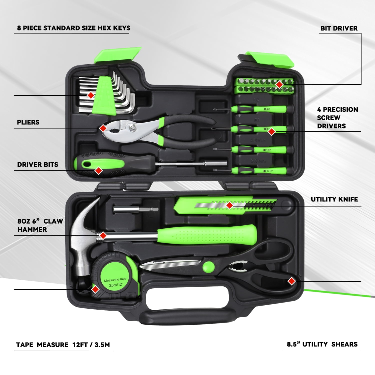 39Pcs Home Repair Hand Tool Set Toolbox Bit Drive Plier Hammer Scissor Hex Key Househeld Garage Garden Office DIY Green