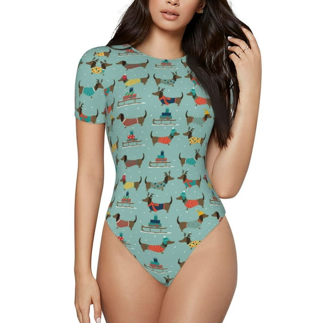 Bingfone winter ski Dachshund Pattern Women's Round Neck Bodysuit, Tight Snap Button Short Sleeve Bodysuit, Suitable for Party, Sports, Daily Wear-Large
