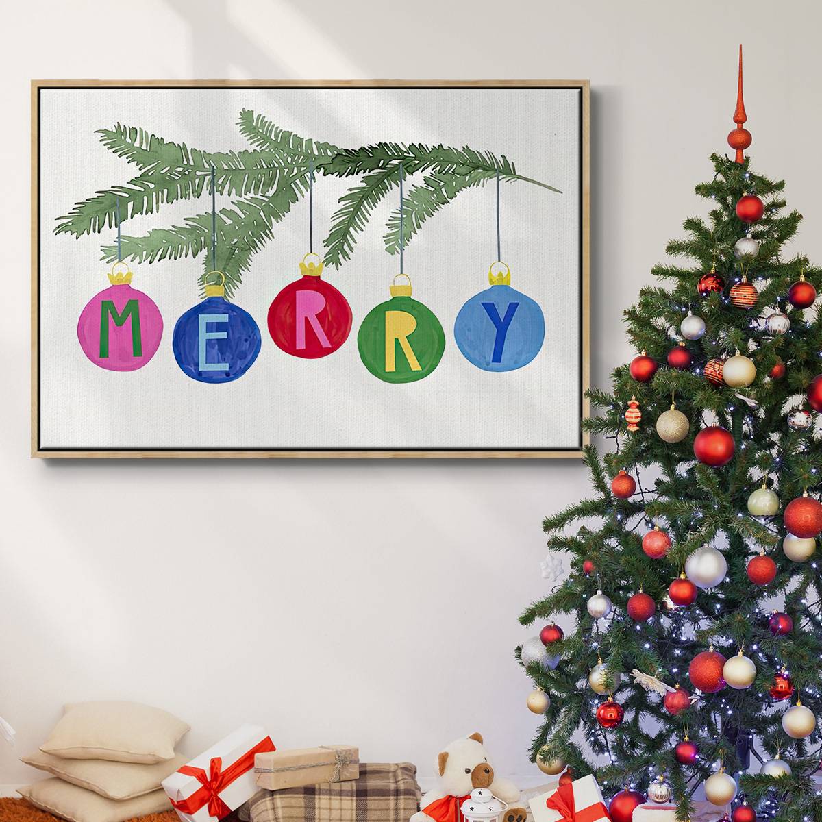 Colorful Christmas Collection A - Framed Gallery Wrapped Holiday Canvas - 25 x 37 - Natural Wood Frame