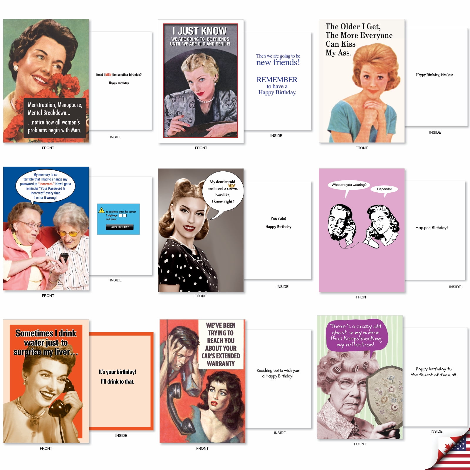 NobleWorks 36 Assorted Box Set Funny Birthday Greeting Cards w/5 x 7 Inch Envelopes (36 Designs, 1 Each) Bday Retro Revelry AC7740BDG-B1x36