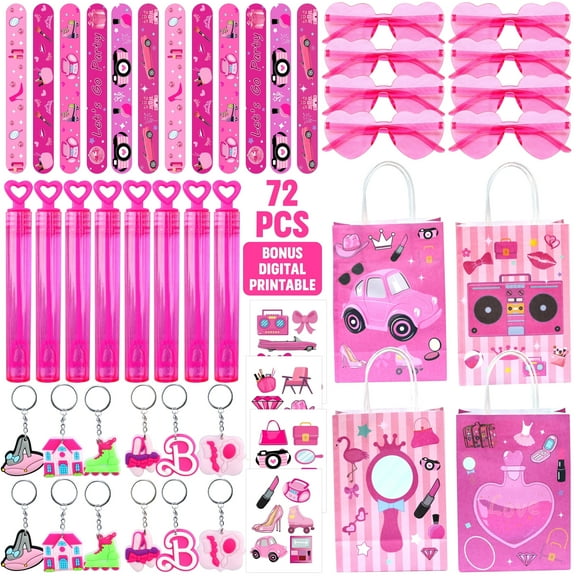 72 Pcs Hot Pink Party Favors - Let's Go Girl Style 12 Treat Bag Glasses Keychain Bubbles for Birthday Supply