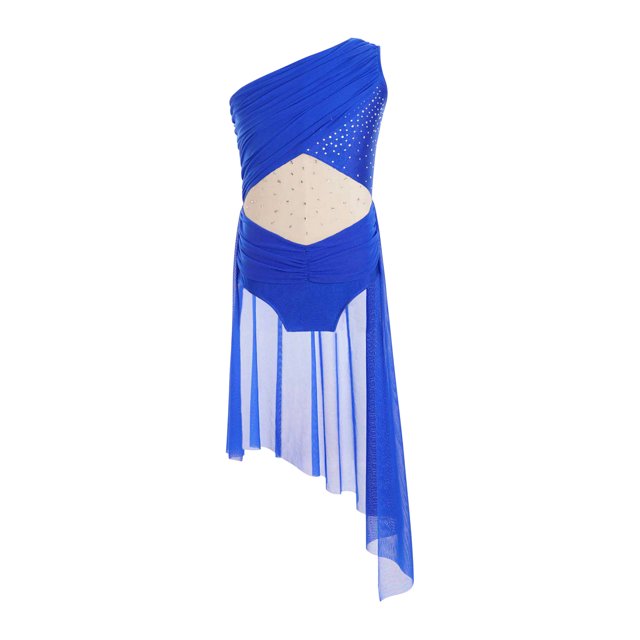 Runhomal Combinaison de Danse Ballet Moderne Latin une Épaule Brillante avec Strass pour Filles Bleu 14