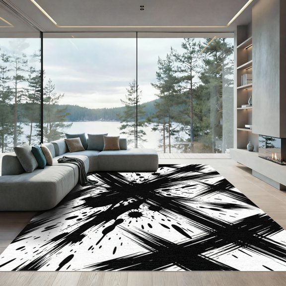 ODIKA 4' x 6' Machine Washable Non-Slip Area Rug, abstract print High Traffic Rug, Black, 1248655