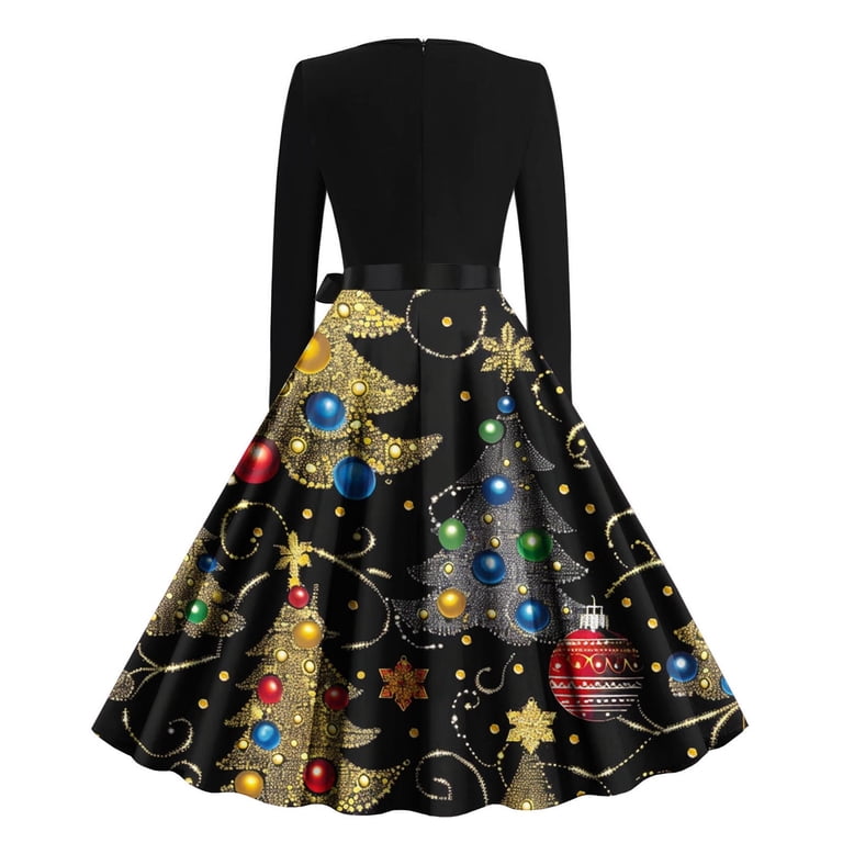 JZGPF Women Christmas Cocktail Dresses Vintage Swing Dress Long Sleeve A Line Dresses Long Sleeve Warm Dresses Wedding Guest Church Party Prom Swing