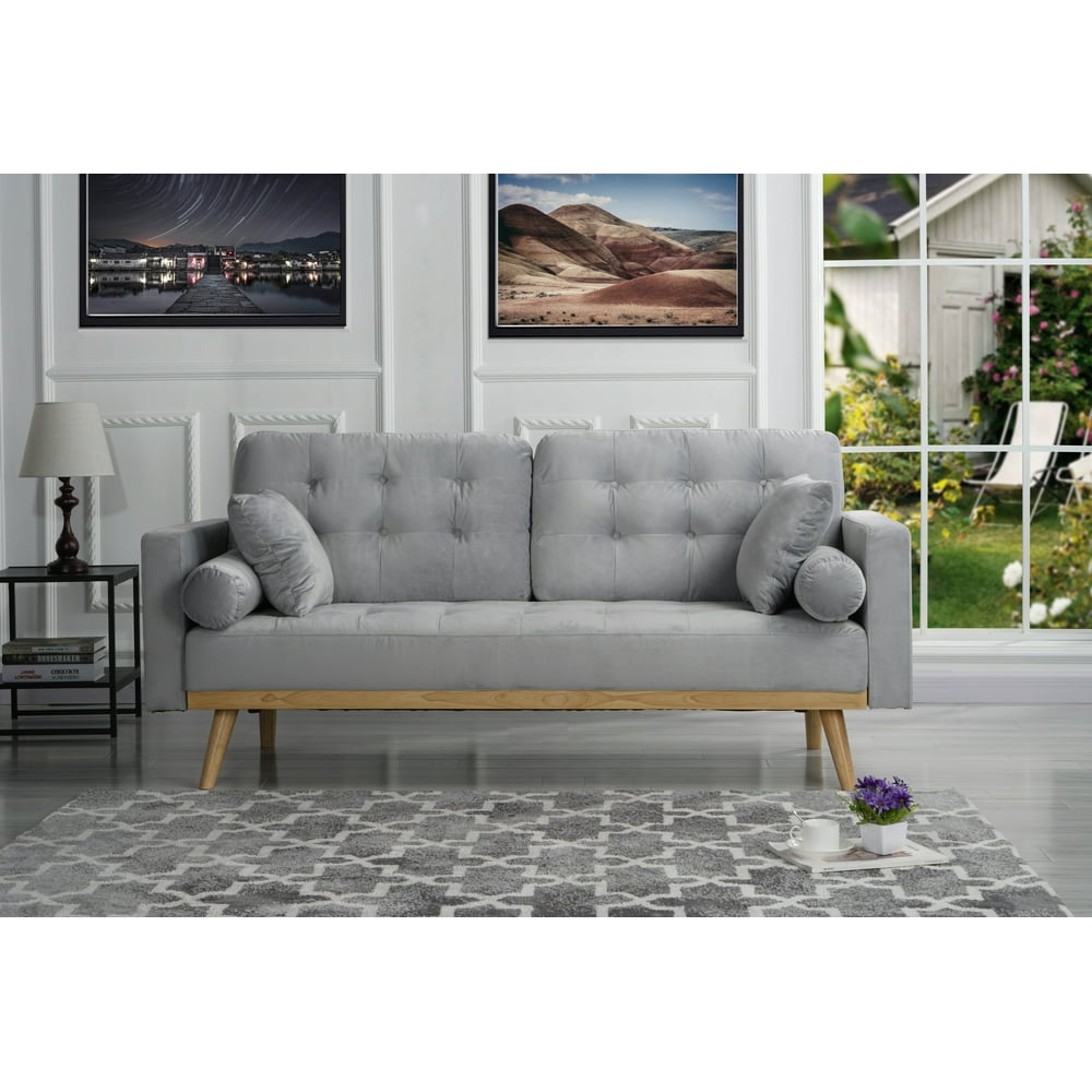 Mobilis MidCentury Modern Tufted Microfiber Velvet Fabric Sleeper Futon Sofa, Light Grey