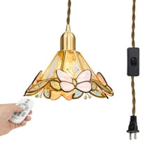 Kiven Plug in Pendant Light, Farmhouse Hanging Light Fixture with Remote and Stained Glass Lampsade, E26 Socket Dimmable Pendant Light for Bedroom Hallway Kitchen DZ0488