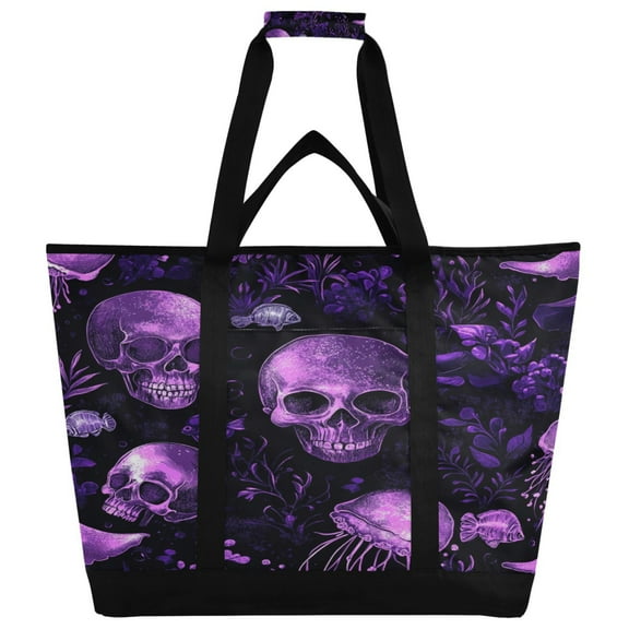 WOBOGO Skulls Jellyfish Purple Pattern Tote Cooler Bag Fold Flat Insulated Shopping Bag With Zipper For Work Picnic Beach Use 18×6.7×24in