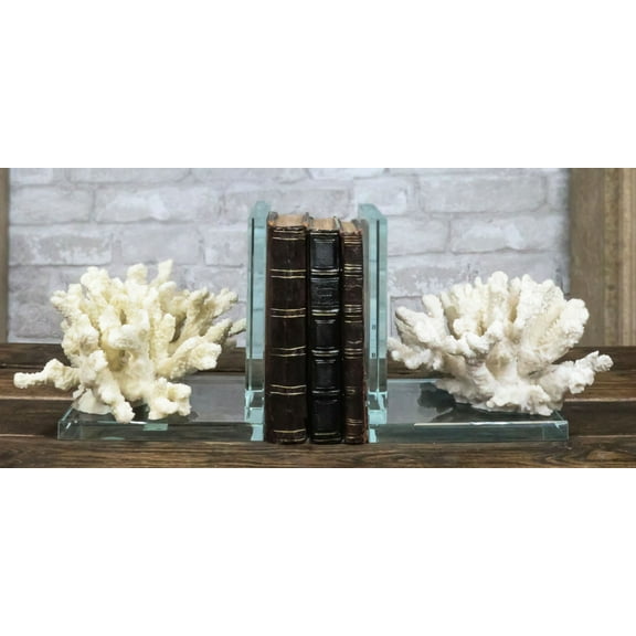 Nautical Coastal Marine White Sea Finger Corals Acrylic Glass Bookends Set