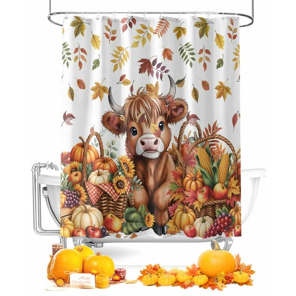 Thanksgiving Highland Cow Shower Curtain Set ，Waterproof Fabric Shower Curtains Fall Pumpkin Fruit Shower Curtains for Bathroom,Bathroom Decor 36"x78"