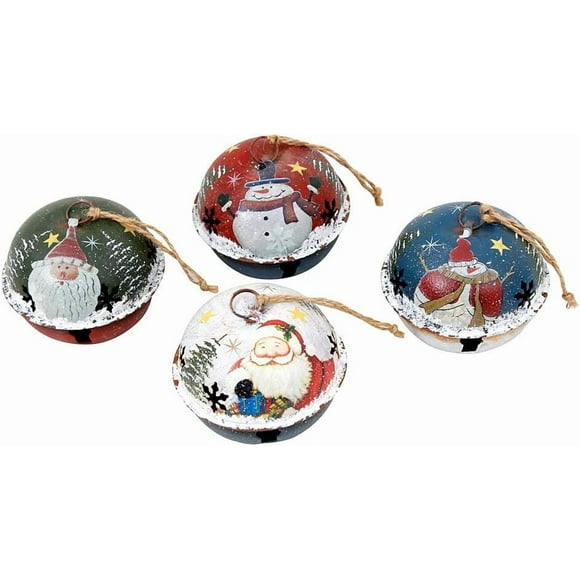 WHY Decor Rustic Metal Jingle Bell Ornament with Snowman Santa Claus Pattern Tree Ornaments Set of 4 Hanging Ornament Xmas Ornament Holiday Decor for Door Porch Home Party