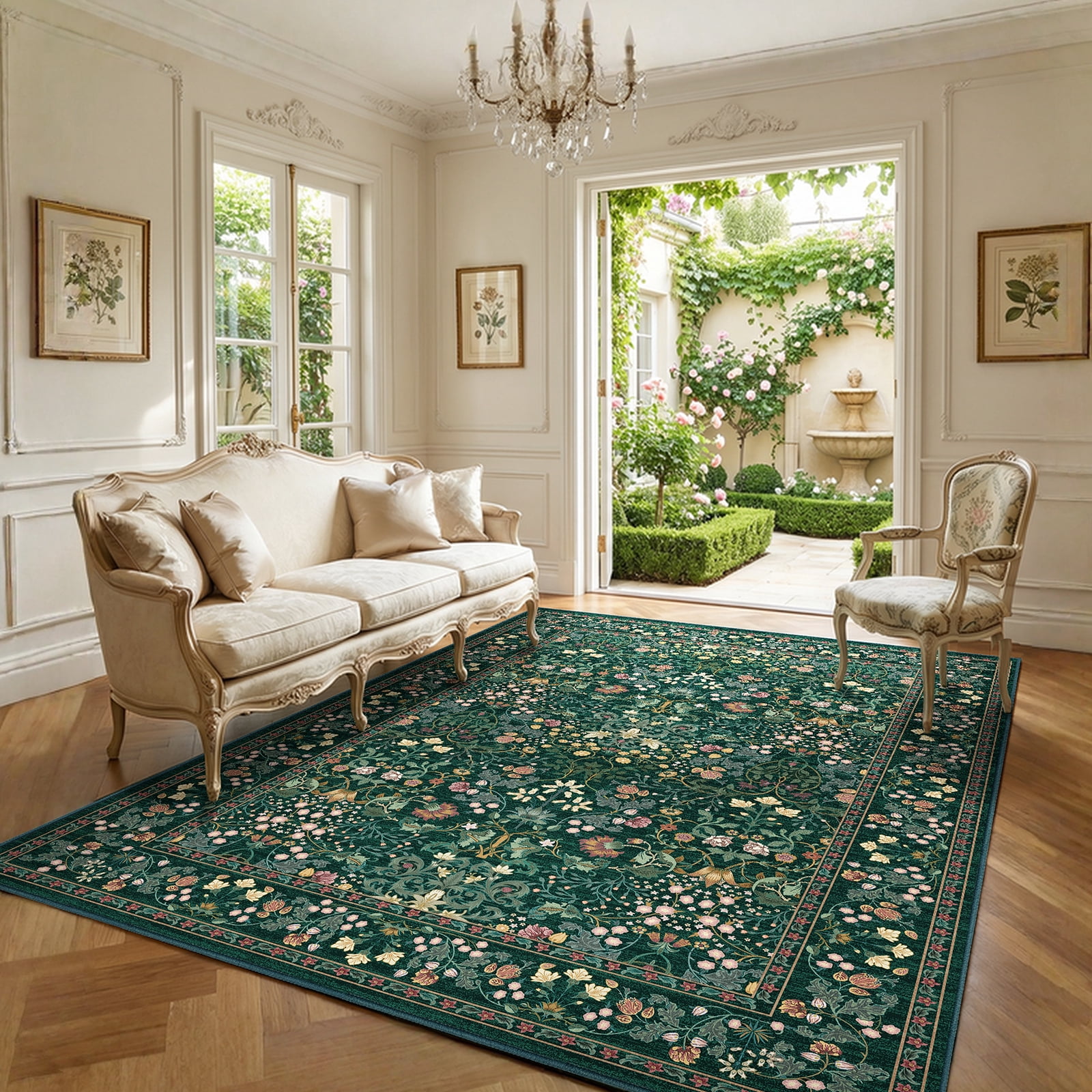 CHITOOMA 9'x12' Area Rugs for Living Room, Floral Washable Rug Boho Non-Slip Printed Carpet, Vintage Stain Resistant Indoor Rug for Bedroom Dining Room Home Office