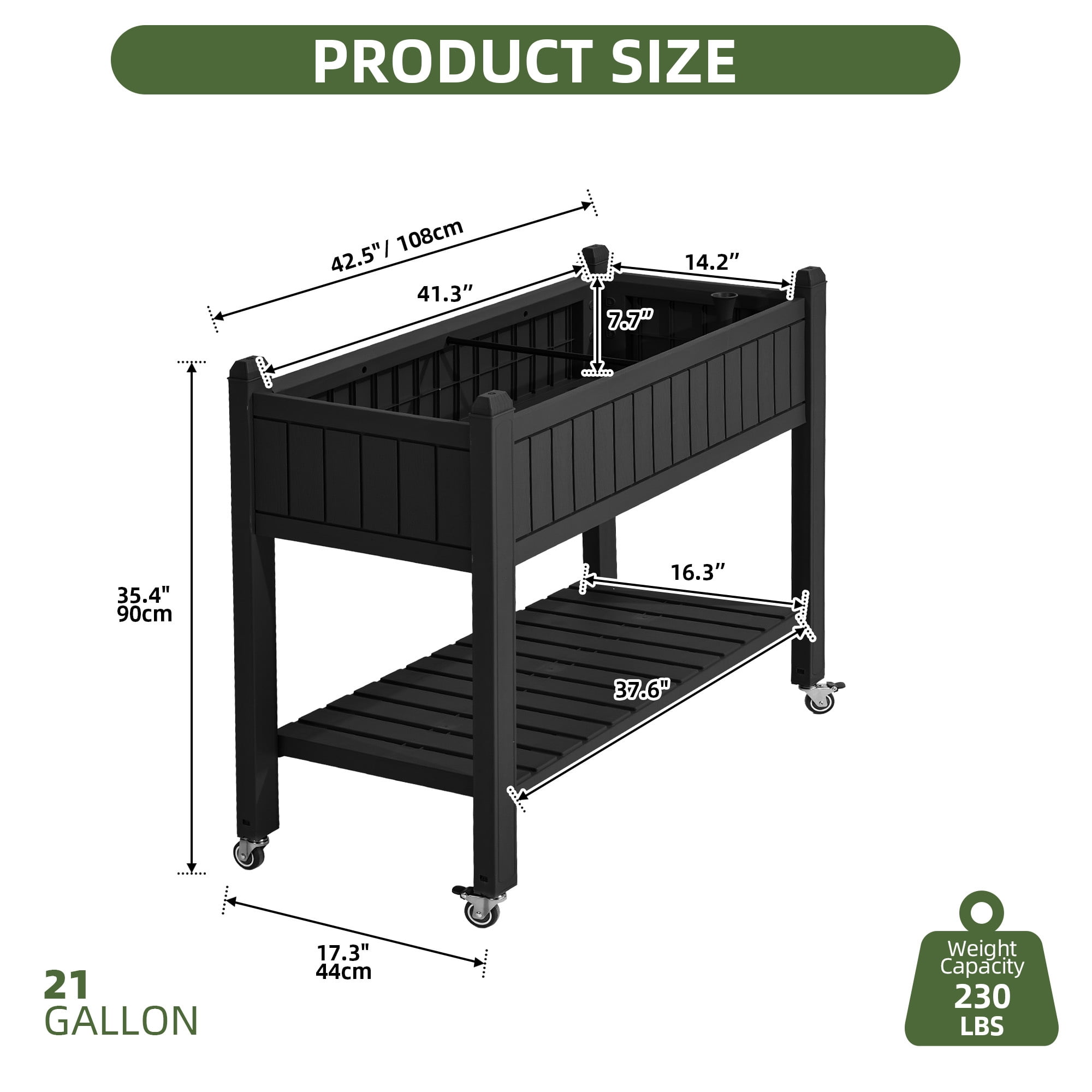 Uforic Mobile Raised Garden Bed 42.5x17.3x35.4 in, Elevated Plastic Planter Box with Drain Plug, Storage Shelf & Wheels, Black