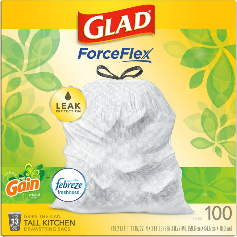 Glad ForceFlex Tall Kitchen Drawstring Trash Bags – 13 Gallon White Trash  Bag, Gain Original scent with Febreze Freshness – 110 Count