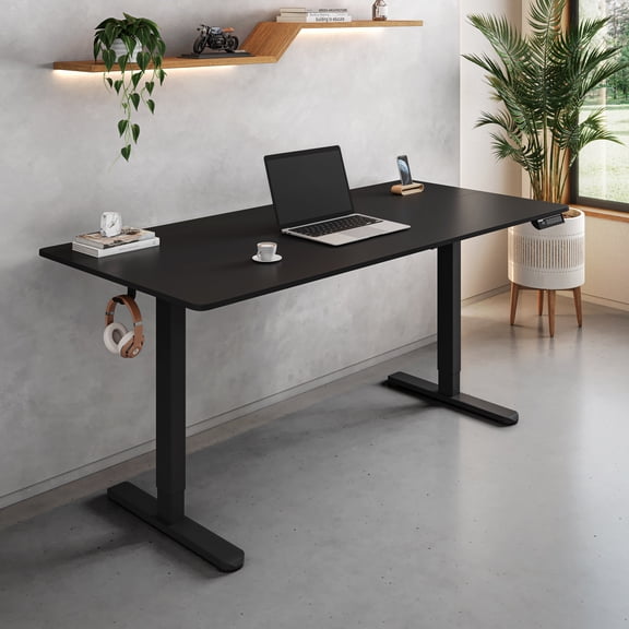 55" W Electric Standing Desk, Heigh Adjustable Sit-to-Stand Desk with 3 Memory Presets and Dual Accessory Hooks, Black