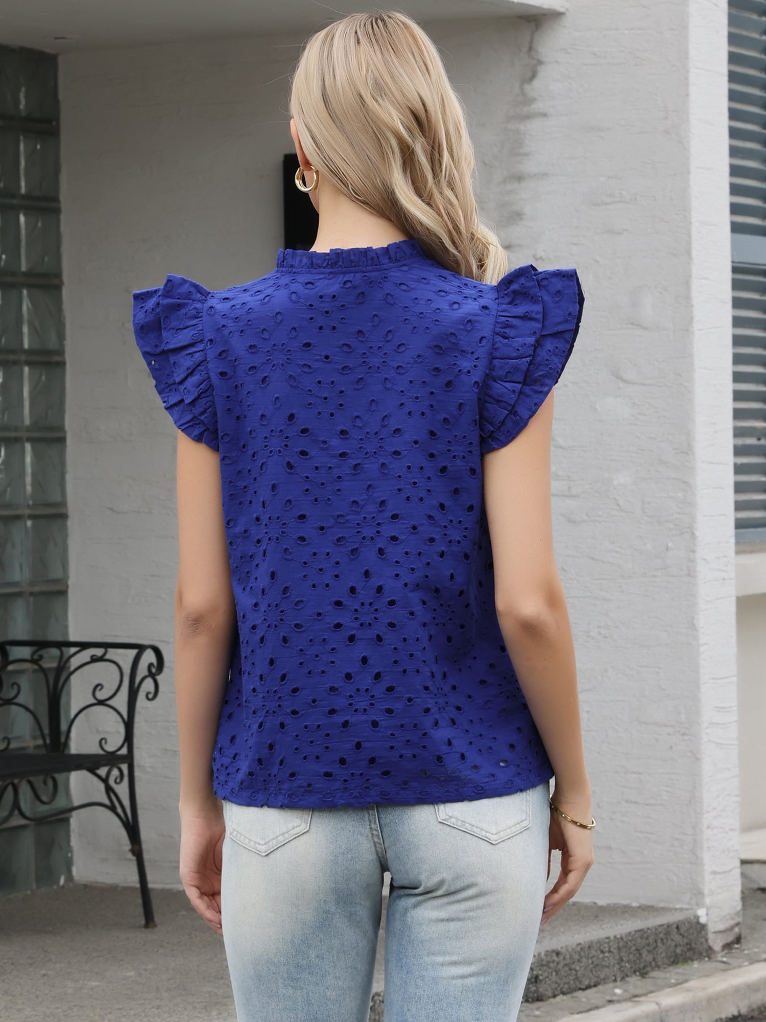 DARING DIVA Women's Eyelet V Neck Ruffle Cap Sleeve Embroidered Cotton Blouses S Blue