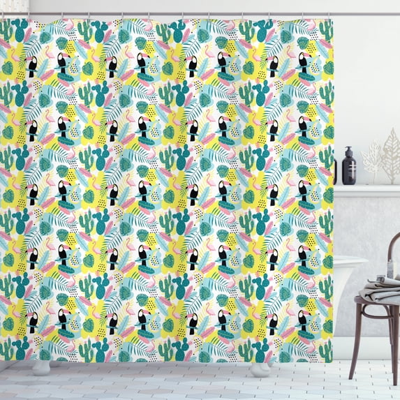 Tropical Shower Curtain, Island Aloha Nature Art Pattern with Toucan Flamingos Cactuses and Exotic Leaves, Fabric Bathroom Set with Hooks, 69W X 84L Inches Extra Long, Multicolor, by Ambesonne
