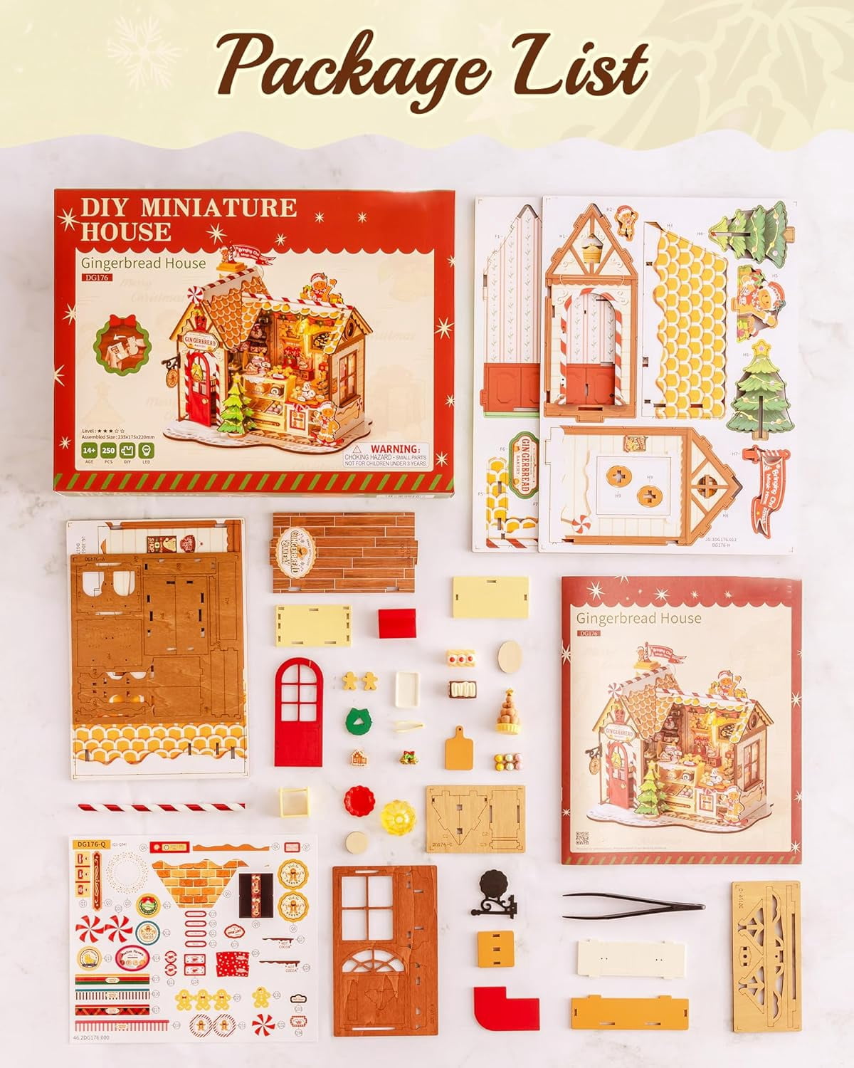 ROBOTIME Christmas Gingerbread House DIY Miniature House Kit,Mini Wooden Dollhouse Building Sets for Desk Decor,Tiny Home Craft Kits Gifts for Adults Teens