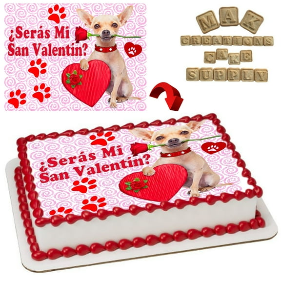Valentine's Chihuahua Edible 1/4 Sheet Cake Topper, by MAK Creations Cake Supply, 1 Count