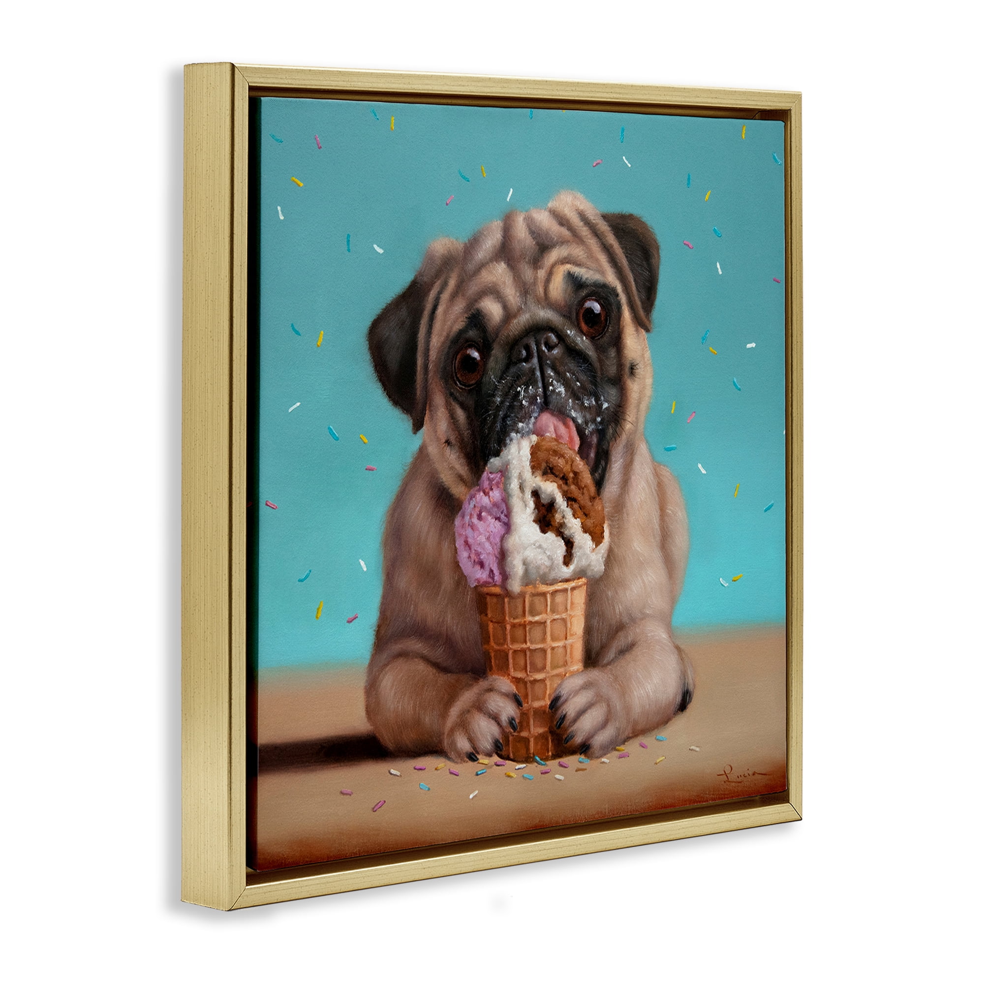 Neapawlitan Ice Cream & Dog Gold Framed Floater Canvas Wall Art, design by Lucia Heffernan