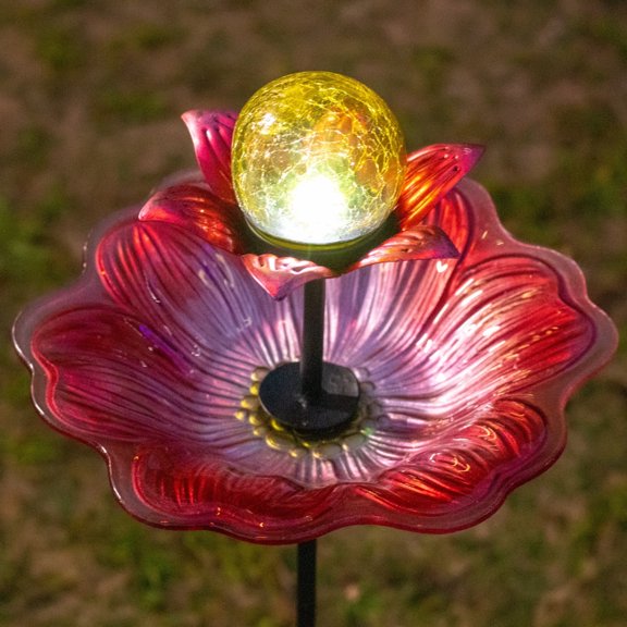 Glass Bird Baths for Outdoors, Flower Bird Baths Bowl with Solar Crackle Glass Globe Lights Decorations and Metal Stake for Outdoor Garden Yard Lawn Outside, Pink