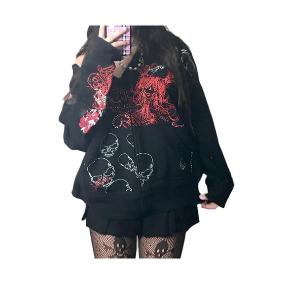 Women Y2K Zip Up Hoodies Grunge Graphic Sweatshirt Jacket Goth Aesthetic Vintage Hooded Streetwear