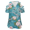 thumbnail image 4 of Chinoiserie Birds in Turquoise Blue Womens Summer V Neck Zipper Top Short Sleeve T Shirt Off Shoulder Top Casual Classy Loose Shirts, 4 of 7