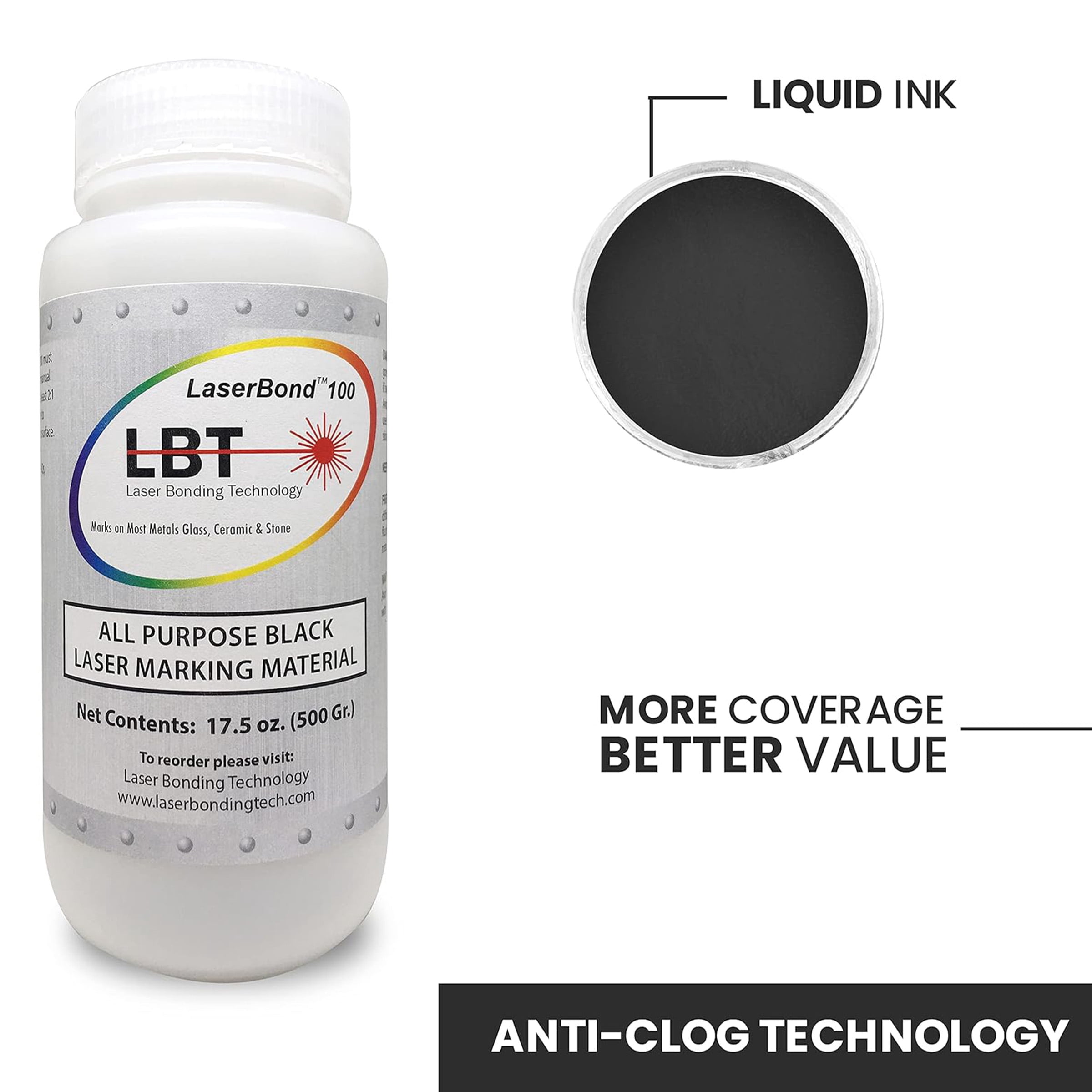 LaserBond 100 Black Laser Marking Ink 500g, Compatible with CO2 Fiber Diode and YAG Laser Engravers, Permanent Marks on Metal Glass Stone and Ceramic