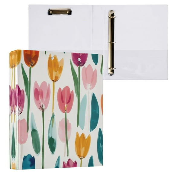 Cute Watercolor Tulips 3 Ring Hardcover Binders 1.5in Round Rings for Letter-Size Folder Paper Organizer Pockets for Office Student Recipe