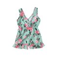 thumbnail image 1 of Toddler Baby Girls One-Piece Floral Romper V Neck Sleeveless Ruffled Pants Romper Jumpsuit Outfit, 1 of 5