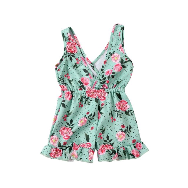 Toddler Baby Girls One-Piece Floral Romper V Neck Sleeveless Ruffled Pants Romper Jumpsuit Outfit