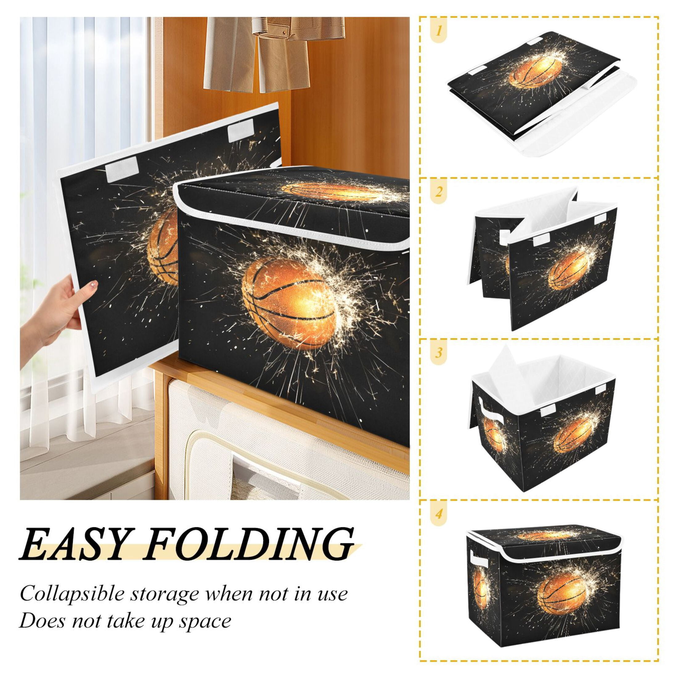 Ryvnso Basketball Large Lidded Foldable Storage Baskets Cubes Boxes Lids Bin for Home