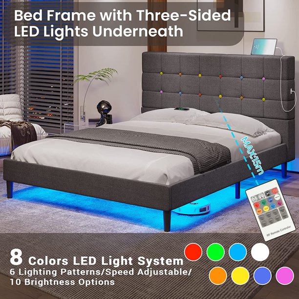 Queen LED Bed Frame with Button Tufted Headboard and 2 USB Ports