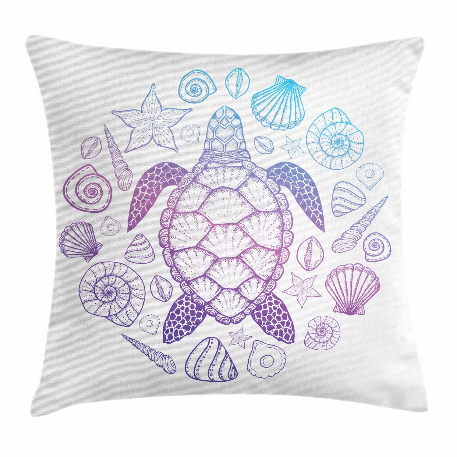 Turtle Throw Pillow Cushion Cover, Colorful Marine Fauna with Ombre