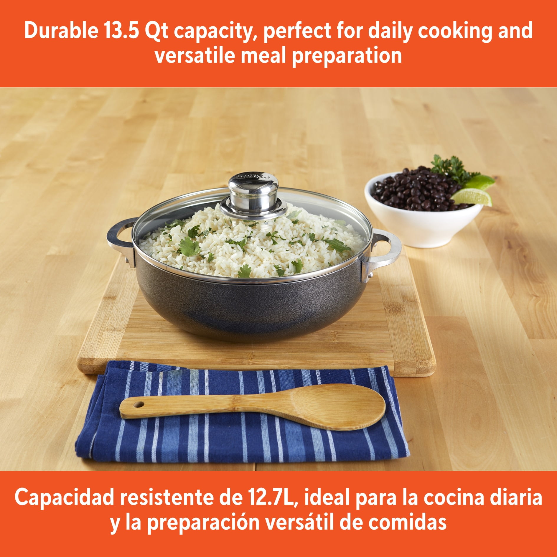 IMUSA 13.5qt Charcoal Aluminum Nonstick Caldero with Glass Lid, Black