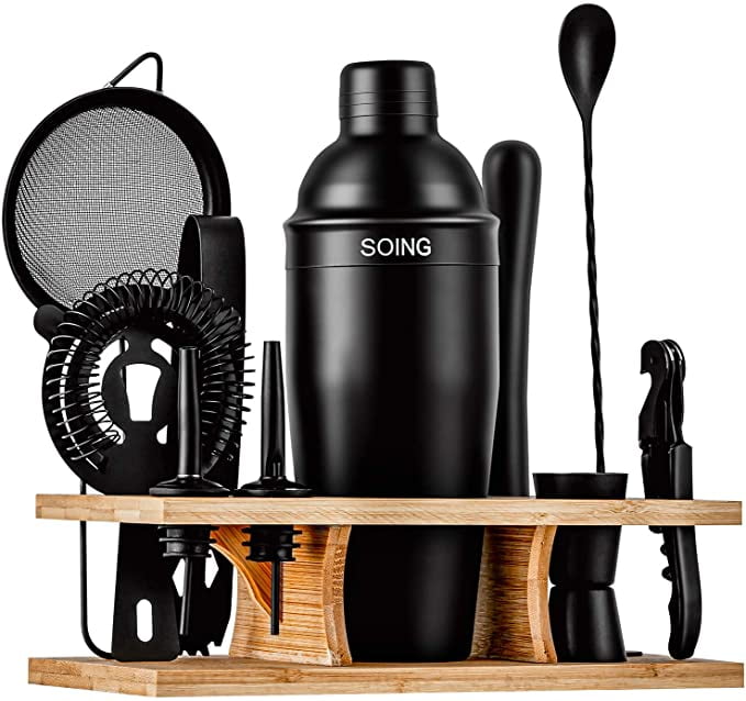 X-cosrack Bartender Kit 18-Piece Matte Black Cocktail Shaker Set with Rotating Stand,Stainless Steel Bar Tools Set for a Fantastic Mixing Experience Ideal as Gift or for Home