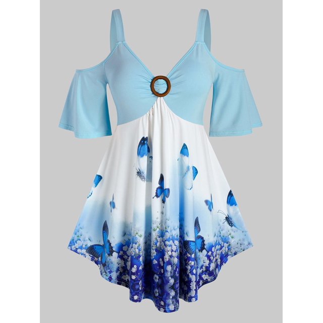 Talla grande mariposa floral abierta camiseta Rosegal Camisetas tallas grandes