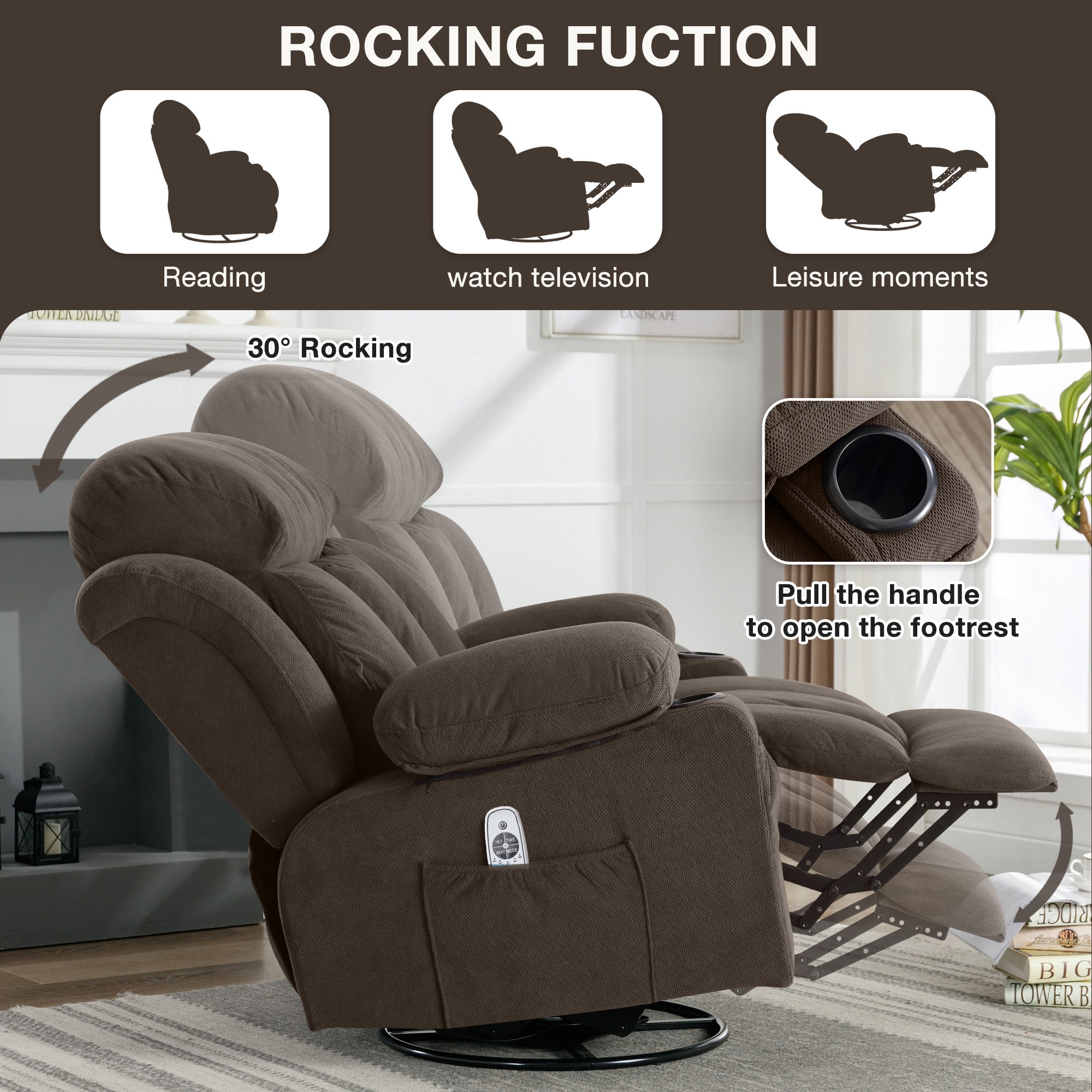 HSUNNS Swivel Recliner Chair for Adults, Living Room Velvet Recliner Chair with Massage and Heat, Single Sofa with USB Port, Cup Holder, Side and Front Pocket, Brown