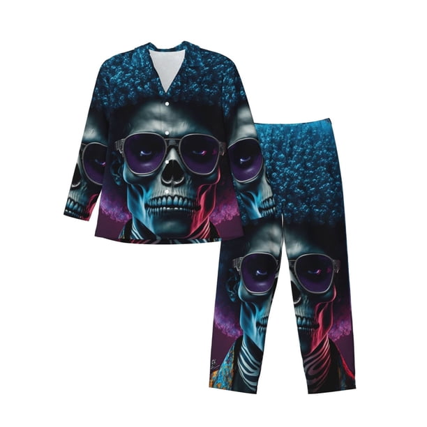 Balery Punk Style Blue Haired Skull Pijama para Hombre de Dos Piezas con Manga Larga, Conjunto de Dormir y Descanso Suave con Bolsillos-XX-Large