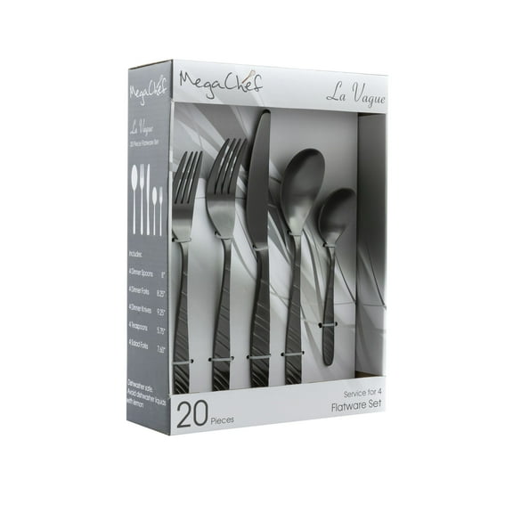 MegaChef MCFW-LA VAGUE-MATTEBLACK 4 in. La Vague Stainless Steel Silverware Metal Flatware Utensil Set - Matte Black, 20 Piece