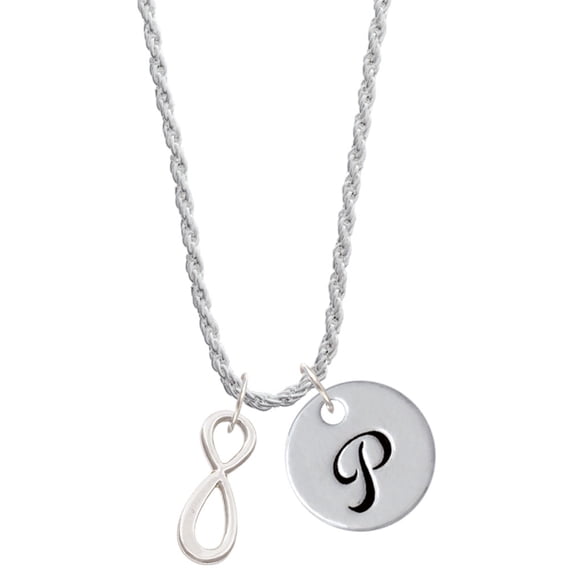 Delight Jewelry Silvertone Medium Elegant Infinity Sign Silvertone Script Initial Disc - P - Charm Necklace, 20"+3"