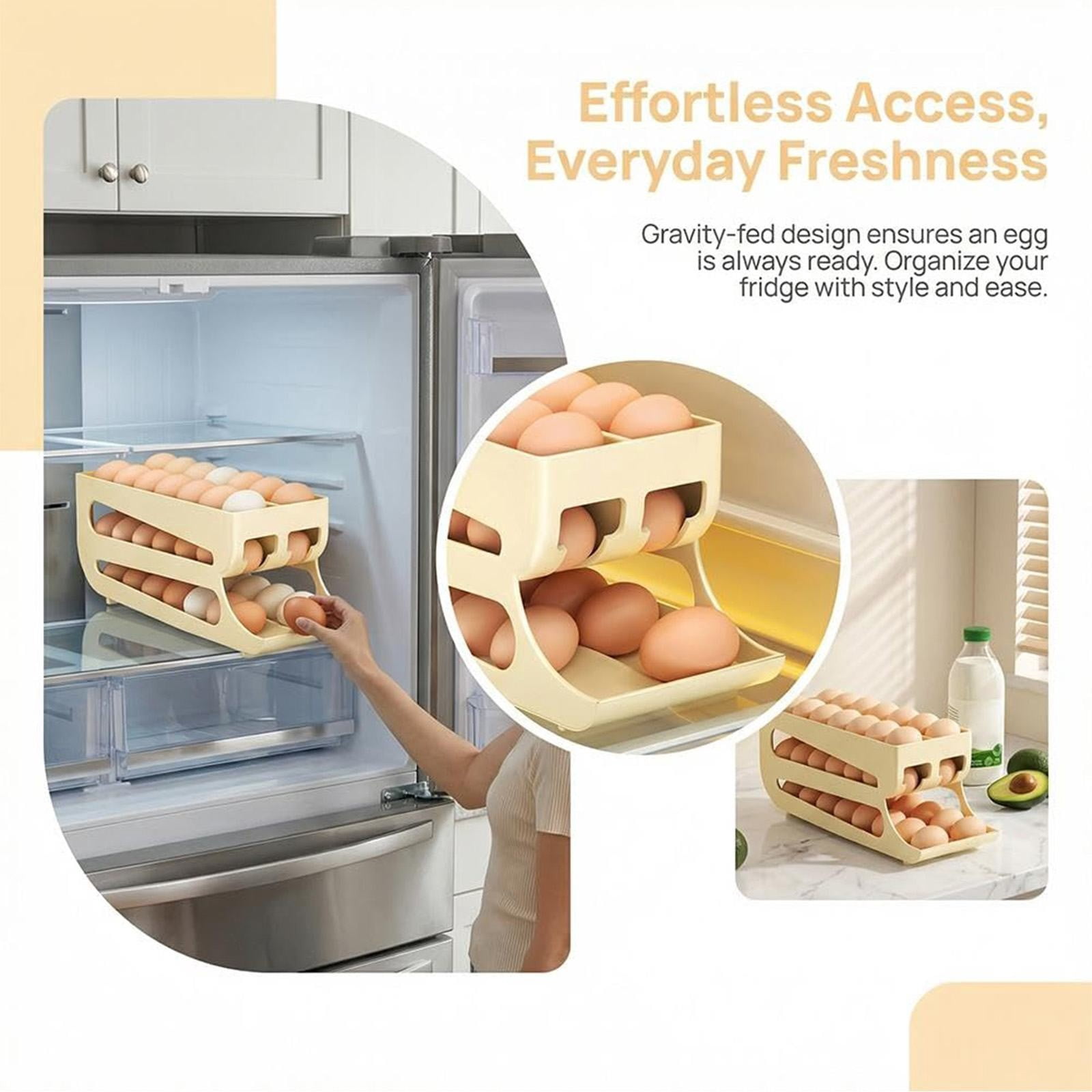 Automatic Rolling Egg Storage For Refrigerator, Space Saving Refrigerator Egg Holder,2 Tiers Fridge Egg Dispenser Holds Up To 60 Eggs For Fridge,Kitchen & Cabinets Table(14.17x5.35x5.35")(Grey)