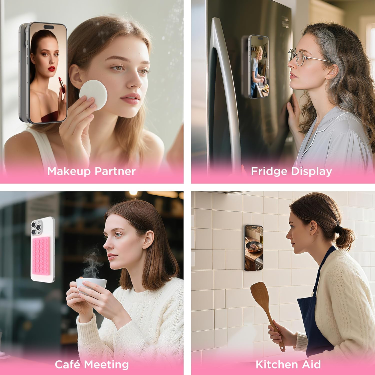 MKEUDQ-2 Pack Silicone Suction Cup Phone Case Mount Double-Sided, Hands-Free Strong Grip Holder for iPhone and Android, Sticky Phone Stand for Selfies and Videos, Tender Pink+Transparent