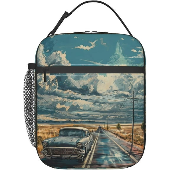 Insulated Lunch Bag - Vintage Car Route 66 - Reusable for Office, Picnic, Work, Travel - Durable, Thermal Insulated, Leakproof for AdultsUnisex Father's Day Mother's Day Thanksgiving Christmas