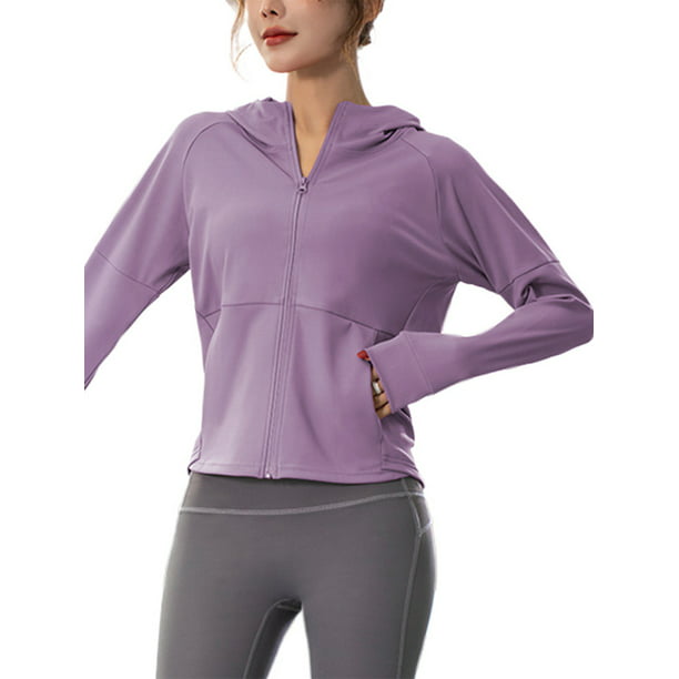 LUXUR Women Yoga Tops Full Zip Hoodie Hooded Neck Jacket Athletic Blouse  Long Sleeve T-Shirt Purple XL 