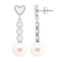 Rosec Jewels 6.25 CT Diamond Earrings with Freshwater Pearl Drop, Diamond and Pearl Dangle Earrings, Pearl Drop Dangle Earrings with Gold Heart, 925 Sterling Silver