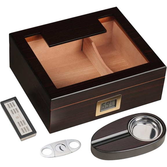 XH Cigar Humidor for 50 Counts with Digital Hygrometer, Spanish Cedar Lined & Divider, Crystal Gel Humidifier, Cigar Cutter & Ashtray, Glass Top Desktop Case Gift for Fathers