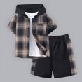 thumbnail image 2 of yboeqw Toddler Boys Clothes 2 Piece Sweatsuit Set Short Sleeve Button Down Plaid Shirt Hooded and Shorts for Fall Winter Outfit 2-7T(3-4 Years,Brown), 2 of 8