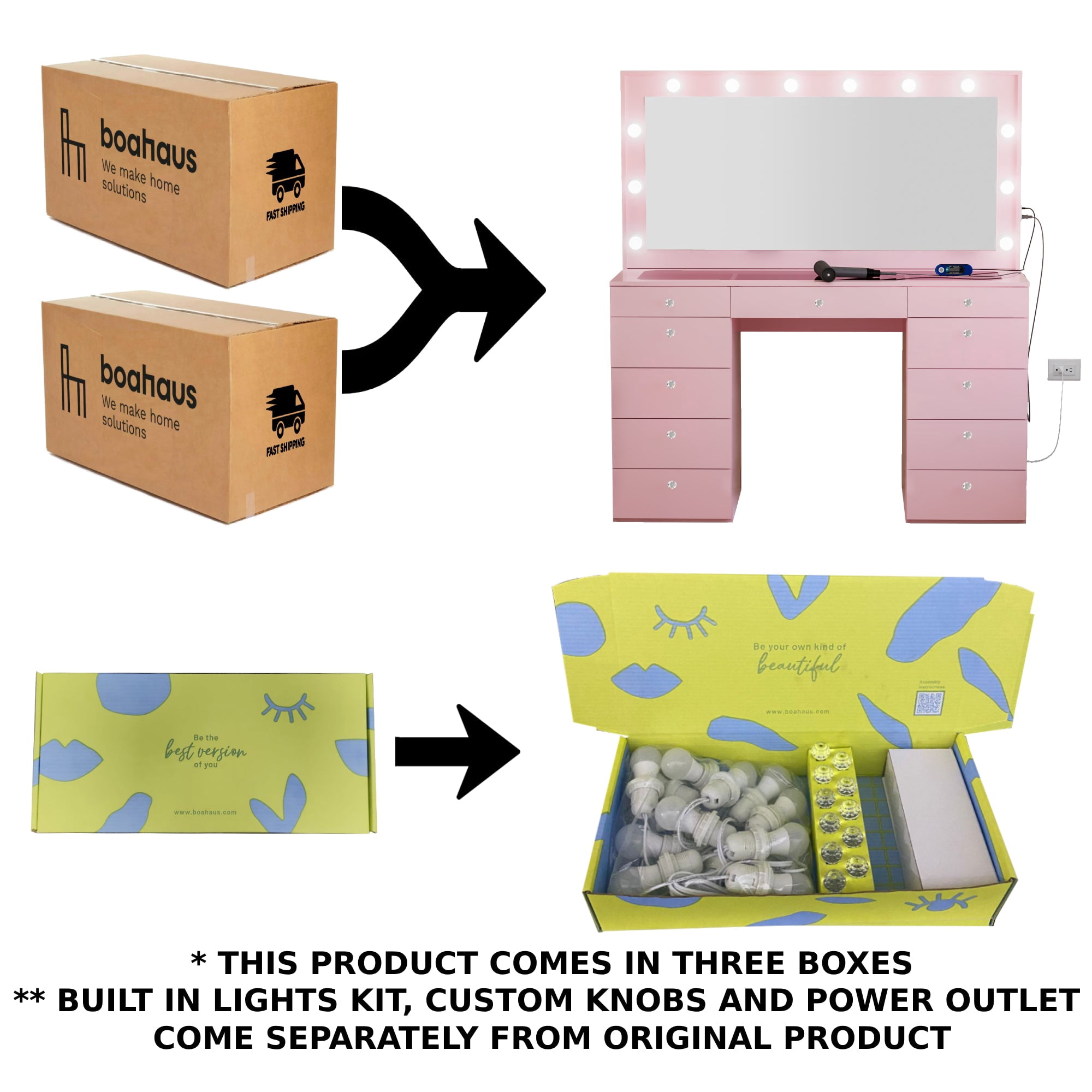 Ember Interiors Makeup Vanity with Mirror, Built-in Lights, 11 Drawers, Crystal Knobs, Pink