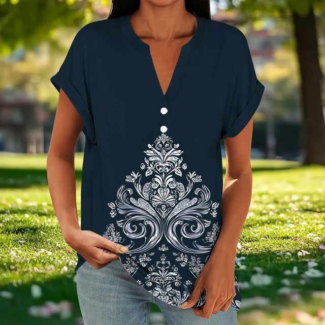 Tejiojio Women's Loose Casual V-Neck Button Front Raglan Sleeve Short Sleeve T-Shirt for Everyday Wear