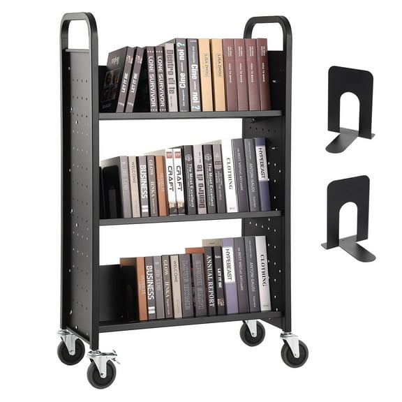 FGYRYK Heavy Duty Book Cart with V-Shaped Shelves, 330 lbs Capacity Rolling Library Cart with Locking Swivel Wheels & Handle, Black